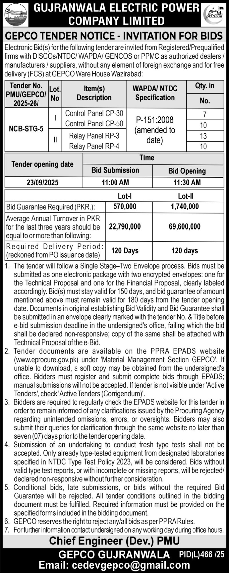 Gujranwala Electric Power Company Limited Tender Notice